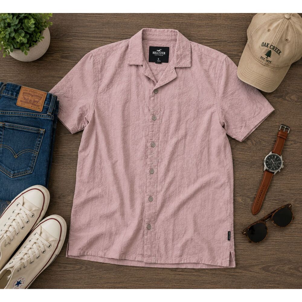 Hollister Epic Button Down Shirt Pink Palm Trees Men’s Size Small (693)